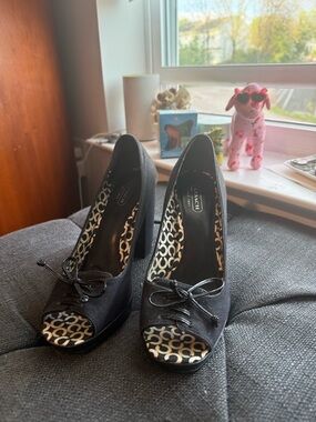 Coach Black Peep-Toe Heels with Bow Accent